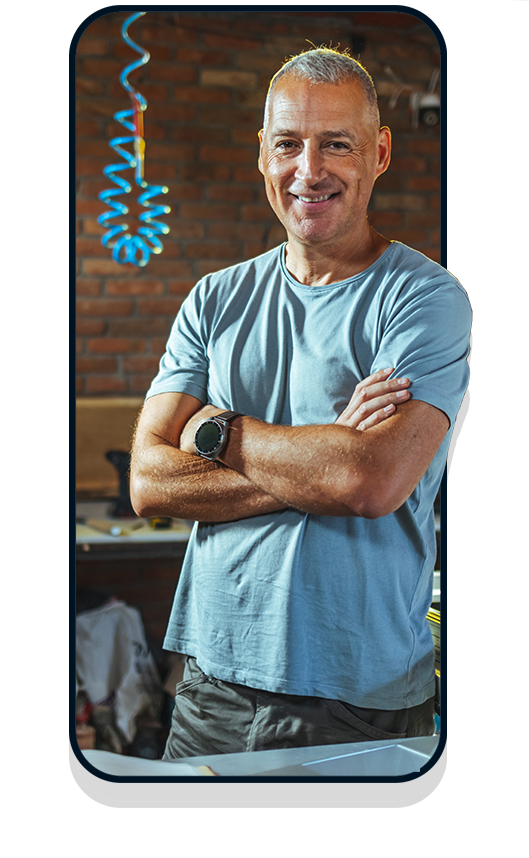 Business owner in blue t-shirt in mobile frame